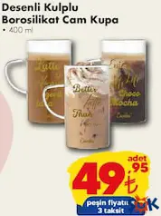Desenli Kulplu Borosilikat Cam Kupa 400 ml aktüel ürünü Desenli Kulplu Borosilikat Cam Kupa 400 ml - ŞOK'da 49,95 TL