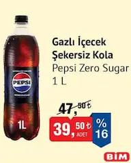 Pepsi Zero Sugar Gazlı İçecek Şekersiz Kola 1 L Pepsi Zero Sugar Gazlı İçecek Şekersiz Kola 1 L - BİM'de 39,50 TL