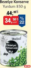 Yurdum Bezelye Konserve 830 g Yurdum Bezelye Konserve 830 g - BİM'de 34,50 TL