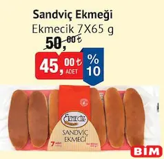 Ekmecik Sandviç Ekmeği 7x65 g Ekmecik Sandviç Ekmeği 7x65 g - BİM'de 45,00 TL