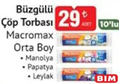 Macromax Büzgülü Çöp Torbası Orta Boy 10'lu - BİM'de 29,00 TL