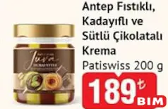 Patiswiss Antep Fıstıklı Kadayıflı ve Sütlü Çikolatalı Krema 200 g - BİM'de 189,00 TL