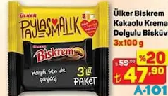 Ülker Biskrem Kakaolu Krema Dolgulu Bisküvi 3x100 g - A101'de 47,90 TL