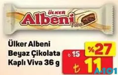 Ülker Albeni Beyaz Çikolata Kaplı Viva 36 g - A101'de 11,00 TL