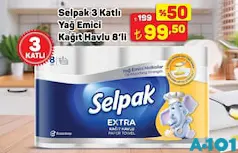 Selpak 3 Katlı Yağ Emici Kağıt Havlu 8'li - A101'de 99,50 TL