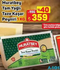 Muratbey Tam Yağlı Taze Kaşar Peyniri 1 kg - A101'de 359,00 TL