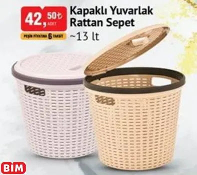 Kapaklı Yuvarlak Rattan Sepet  ~13 Lt