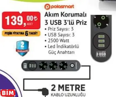 Polosmart Akım Korumalı  3 USB 3’Lü Priz