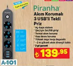 Piranha Akım Korumalı 3 USB'li Tekli Priz