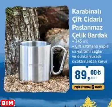 Karabinalı Çift Cidarlı Paslanmaz Çelik Bardak