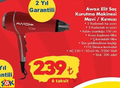 Awox Elit Saç Kurutma Makinesi Mavi / Kırmızı