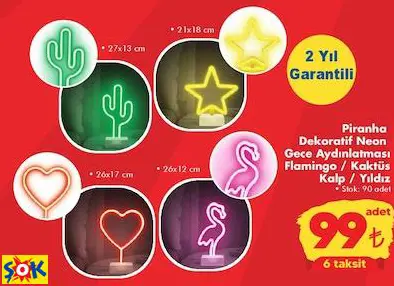 Piranha Dekoratif Neon Gece Aydınlatması Flamingo / Kaktüs Kalp / Yıldız