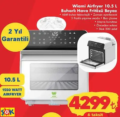 Wiami Airfryer 10.5 L Buharlı Hava Fritözü Beyaz