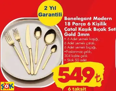 Bonelegant Modern 18 Parça 6 Kişilik Çatal Kaşık Bıçak Seti Gold 3Mm