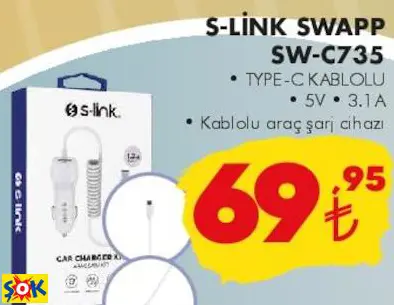 S-LİNK SWAPP SW-C735 TYPE-C Kablolu Araç Şarj Cihazı
