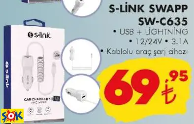 S-LİNK SWAPP SW-C635 USB+Lightining Kablolu Araç Şarj Cihazı
