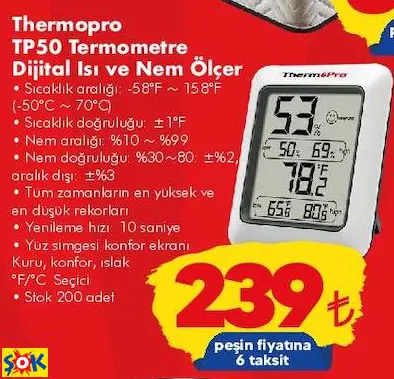 Thermopro TP50 Termometre Dijital Isı Ve Nem Ölçer