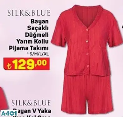 silk&blue saçaklı düğmeli yarım kollu pijama takımı