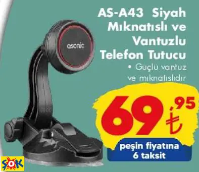 Asonic AS-A43 Siyah Mıknatıslı Ve Vantuzlu Telefon Tutucu