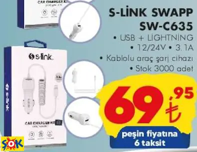 S-LİNK SWAPP SW-C635 USB+Lightining Kablolu Araç Şarj Cihazı