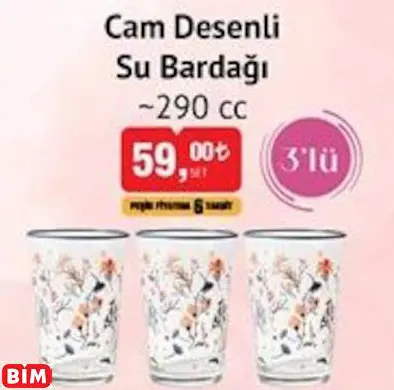 Rakle Cam Desenli  Su Bardağı