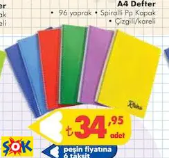 A4 Defter • 96 Yaprak • Spiralli Pp Kapak • Çizgili/Kareli