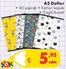 A5 Defter • 40 Yaprak • Karton Kapak • Çizgili/Kareli