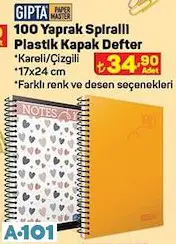 Gıpta 100 Yaprak Spiralli Plastik Kapak Defter 