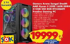 Gamers Arena Sangal Stealth AMD Ryzen 5 5500 16GB DDR4 512GB SSD 8GB RTX3060TI Freedos Gaming PC Oyun Bilgisayarı