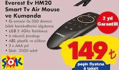 Everest Ev HM20 Smart Tv Akıllı Televizyon Air Mouse Ve Kumanda