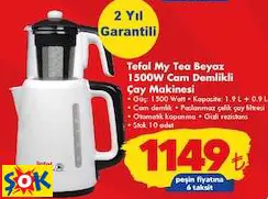 Tefal My Tea Beyaz 1500W Cam Demlikli Çay Makinesi
