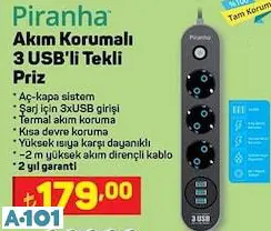 Piranha Akım Korumalı 3 USB'li Tekli Priz