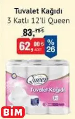 Queen Tuvalet Kağıdı 3 Katlı 12’Li