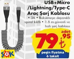 USB+Micro /Lightning/Type-C Araç Şarj Kablosu