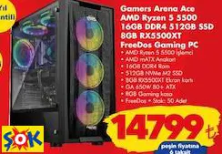 Gamers Arena Ace AMD Ryzen 5 5500 16GB DDR4 512GB SSD 8GB RX5500XT FreeDos Gaming PC/oyun bilgisayarı