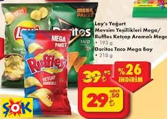 Lay's Yoğurt Mevsim Yeşillikleri Mega/ Ruffles Ketçap Aromalı Mega 193 g Doritos Taco Mega Boy 218 g