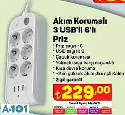 Akım Korumalı 3 USB'li 6'Lı Priz