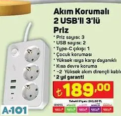 Akım Korumalı 2 Usb'li 3'Lü Priz