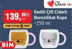 Glass İn Love Kedili Çift Cidarlı Borosilikat Kupa