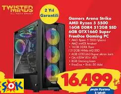 Gamers Arena Strike AMD Ryzen 5 5500 16GB DDR4 512GB SSD 6GB GTX1660 Super Freedos Gaming PC Oyun Bilgisayarı