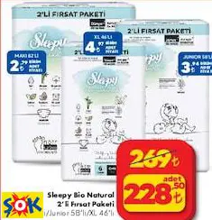 Sleepy Bio Natural 2’Li Fırsat Paketi Bebek Bezi • Maxi 82’Li/Junior 58’Li/XL 46’Lı