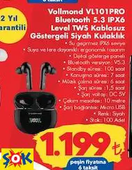 Vollmond VL101PRO Bluetooth 5.3 IPX6 Level TWS Kablosuz Göstergeli Siyah Kulaklık