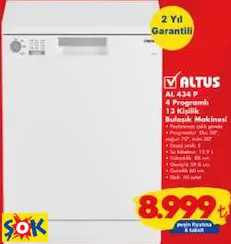 Altus AL 434 P 4 Programlı 13 Kişilik Bulaşık Makinesi