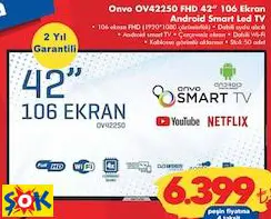 Onvo OV42250 FHD 42” 106 Ekran Android Smart Led TV Akıllı Televizyon