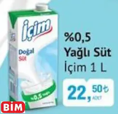 İçim %0,5 Yağlı Süt İçim %0,5 Yağlı Süt - BİM'de 22,50 TL